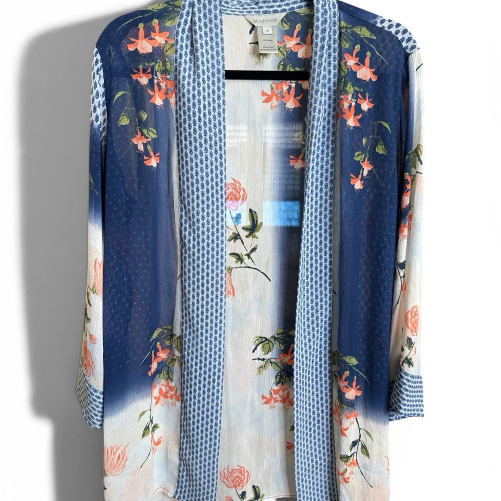 Blue and Cream Floral Kimono Robe with Coral Accents by MULTIPLES